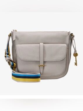 Fossil Kinley Small Leather Crossbody Bag Graystone Striped Webbing Strap